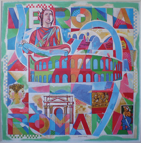 "Verona Romana" von Luciano Padovani, ein Werk der Wanderausstellung "Incontri D'Arte" entlang der Via Claudia Augusta